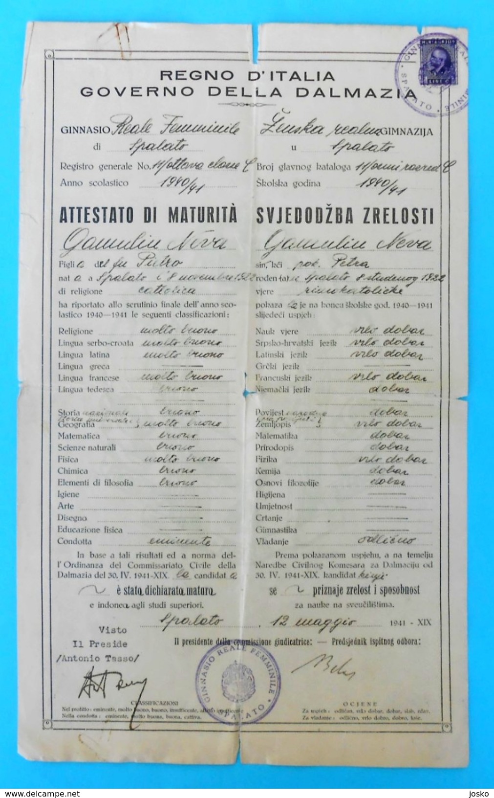 WW2 - REGNO D'ITALIA - GOVERNO DELLA DALMAZIA - ATTESTATO DI MATURITA - SPALATO 1941. Croatia Croazia ITALY OCCUPATION - Diploma & School Reports