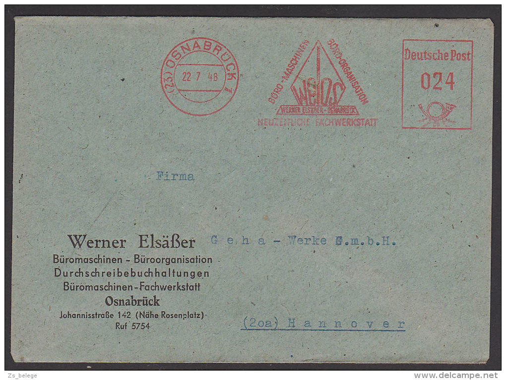 OSNABRÜCK Absender-Freistempel 1948 "Büro Machinen, Organisation Neuzeitliche Fachwerkstatt" - Sonstige & Ohne Zuordnung