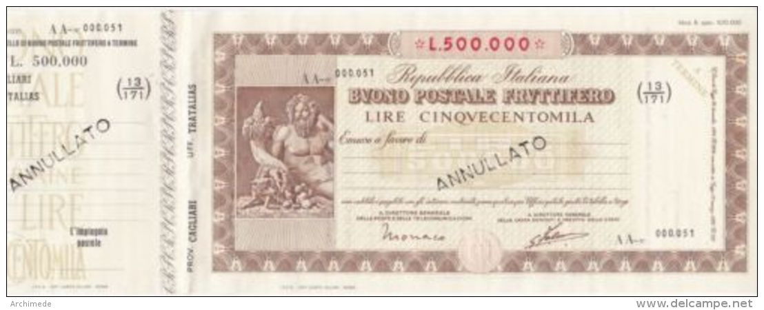 BUONO POSTALE FRUTTIFERO - NON EMESSO - CON MATRICE  - 500.000 LIRE - Altri & Non Classificati