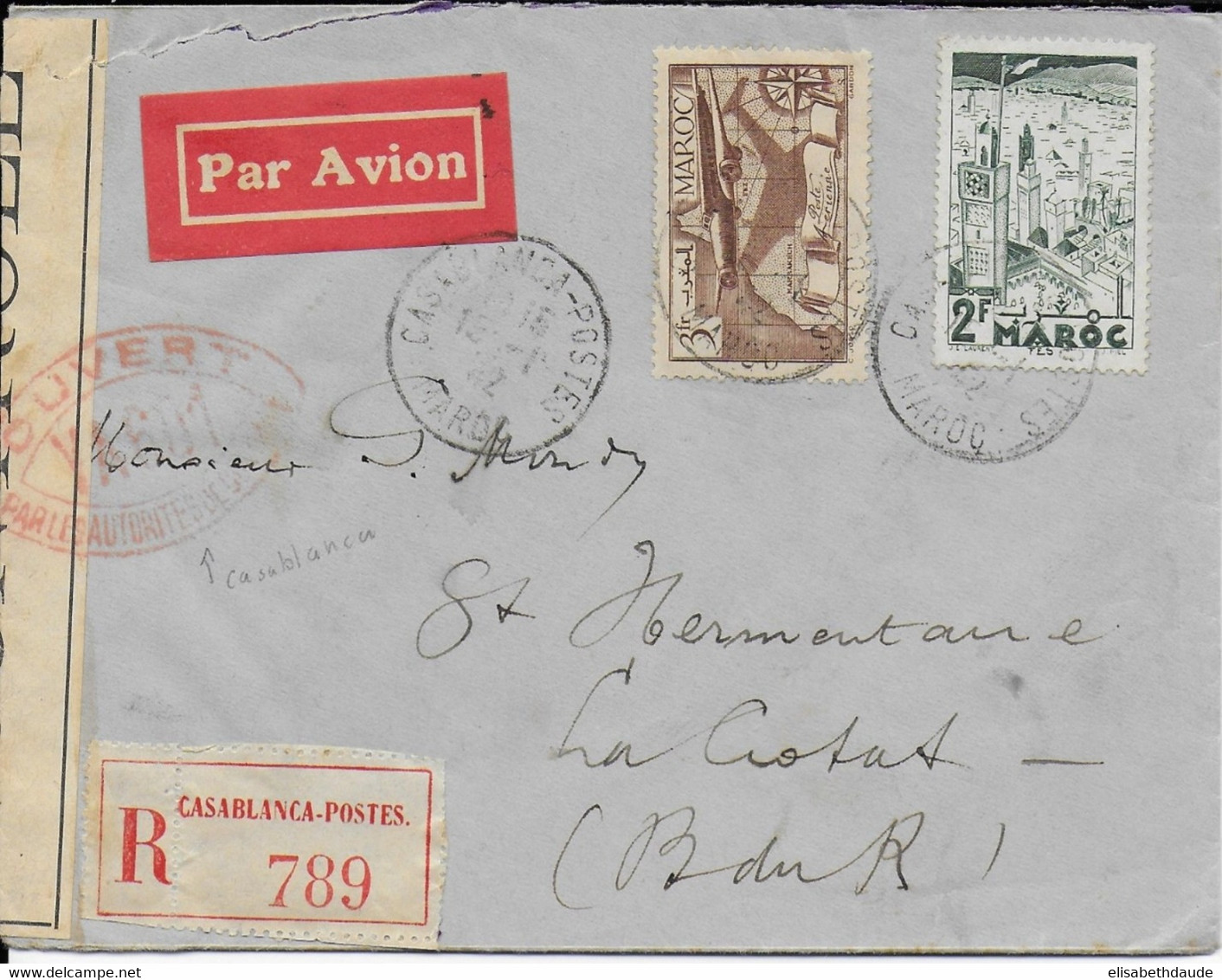 MAROC - 1942 - ENVELOPPE Par AVION RECOMMANDEE De CASABLANCA Avec CENSURE ROUGE => LA CIOTAT - Lettres & Documents