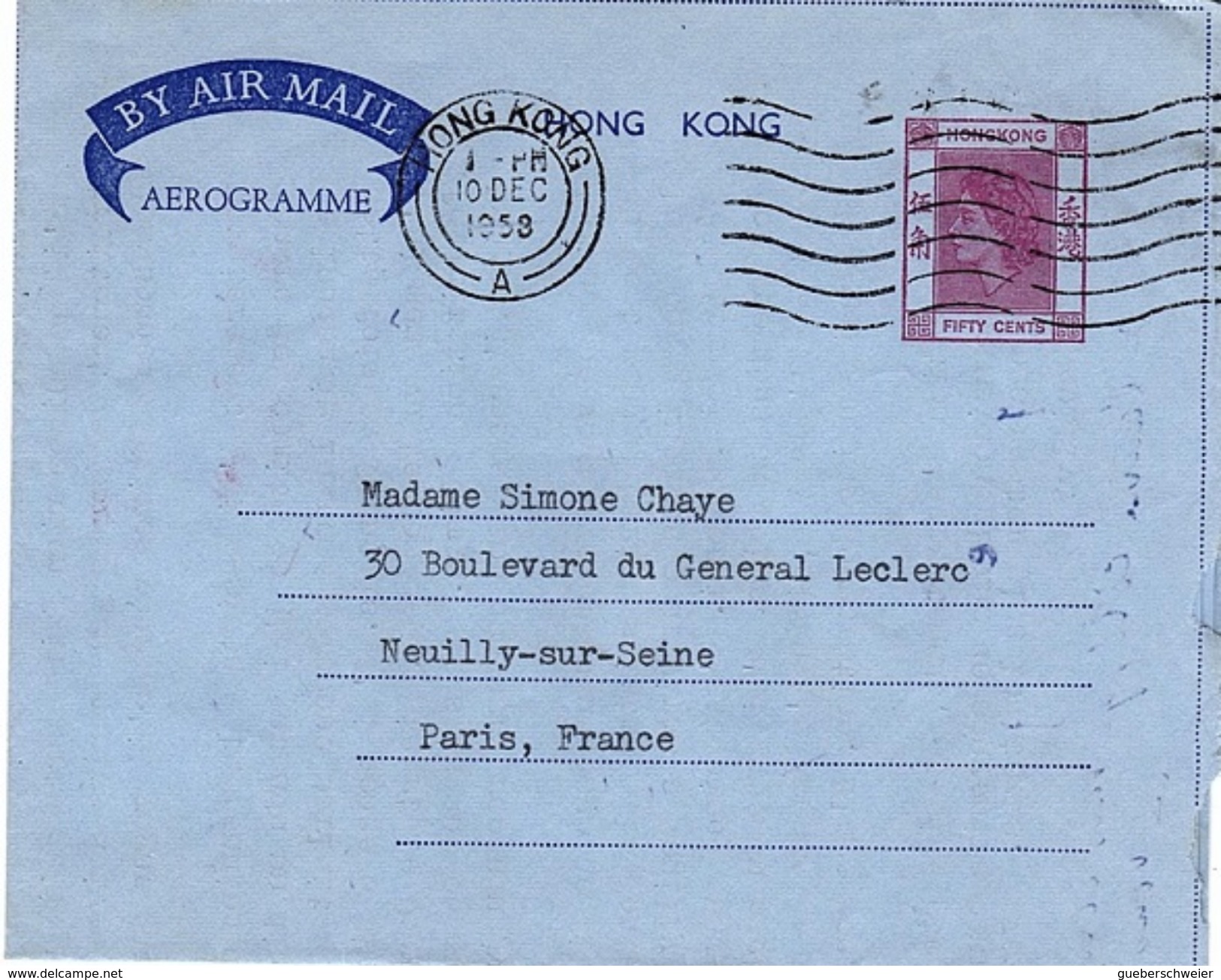 LGB 170 - HONG-KONG Aérogramme Pour Neuilly Sur Seine 1953 - Postal Stationery