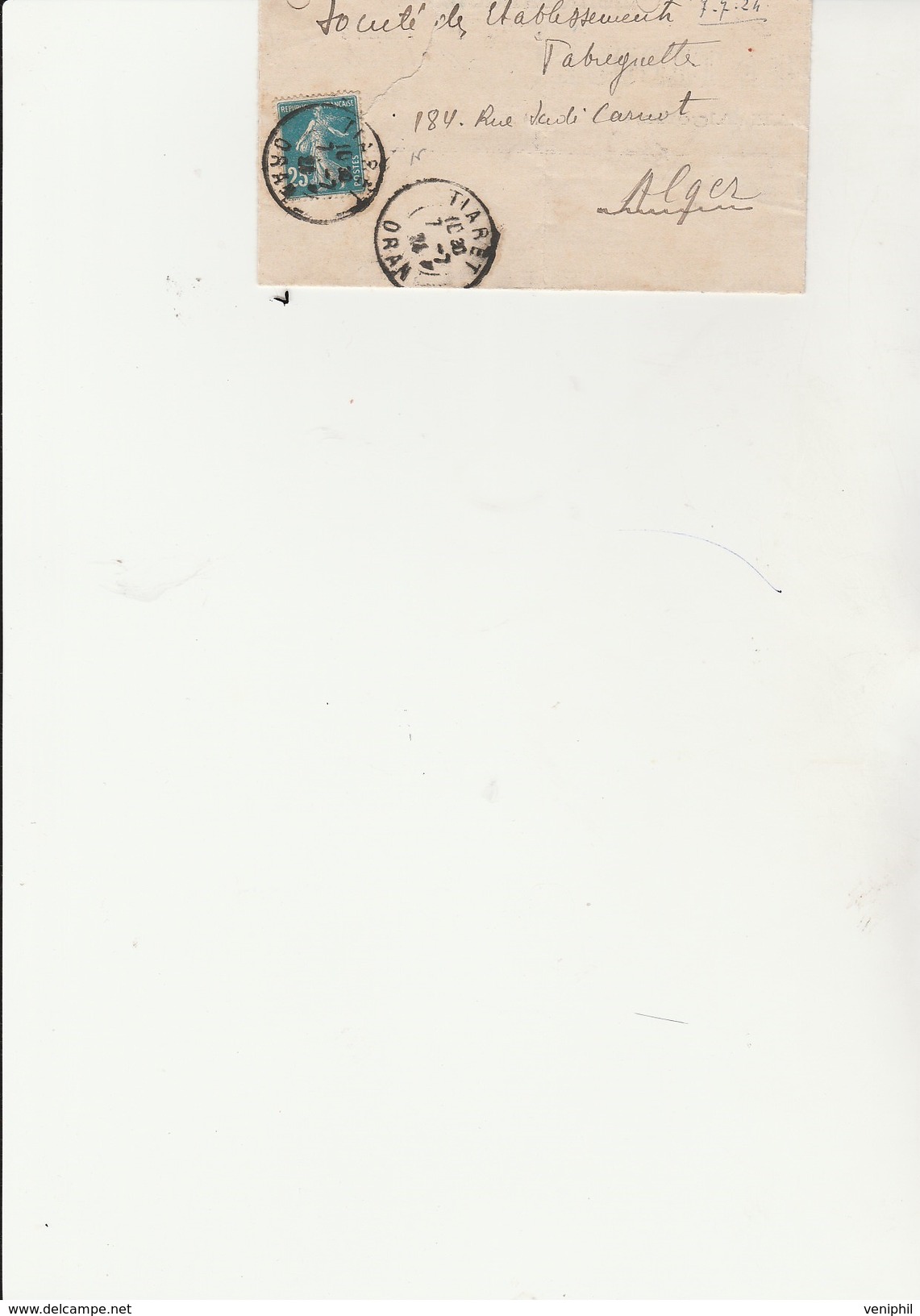 ALGERIE - LETTRE AFFRANCHIE N°140 DE FRANCE OBLITERATION   CAD TIARET -ORAN  ANNEE 1924 - Other & Unclassified