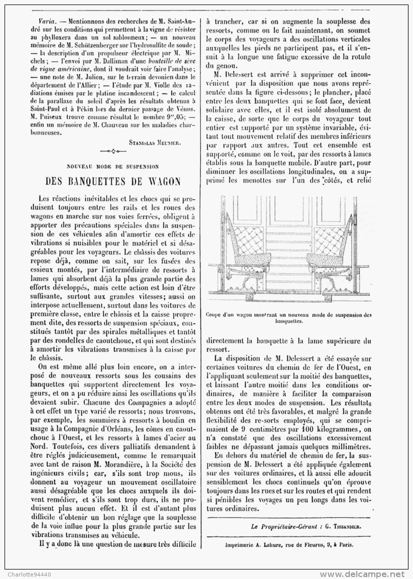 NOUVEAU MODE DE SUSPENSION DES BANQUETTES DE WAGON  1881 - Eisenbahnverkehr