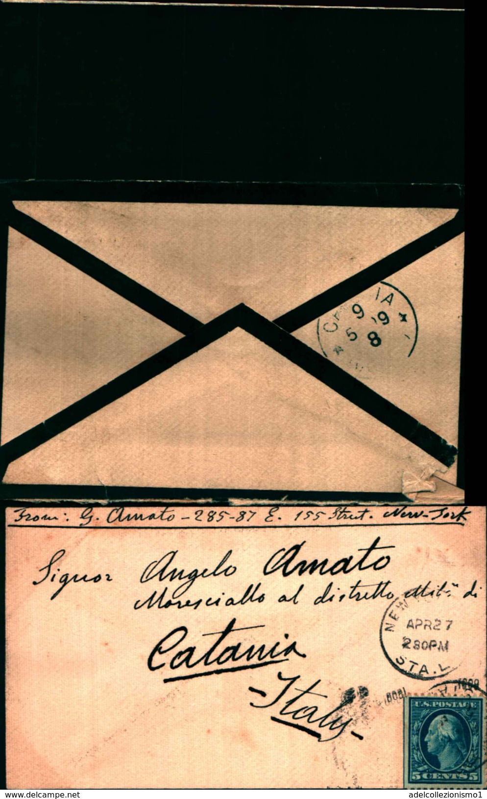 88228) Lettera Con 5c.washington Blu Da Vew-york A Catania Il 2-4-1909 Non Dentellato A Sinistra - Briefe U. Dokumente