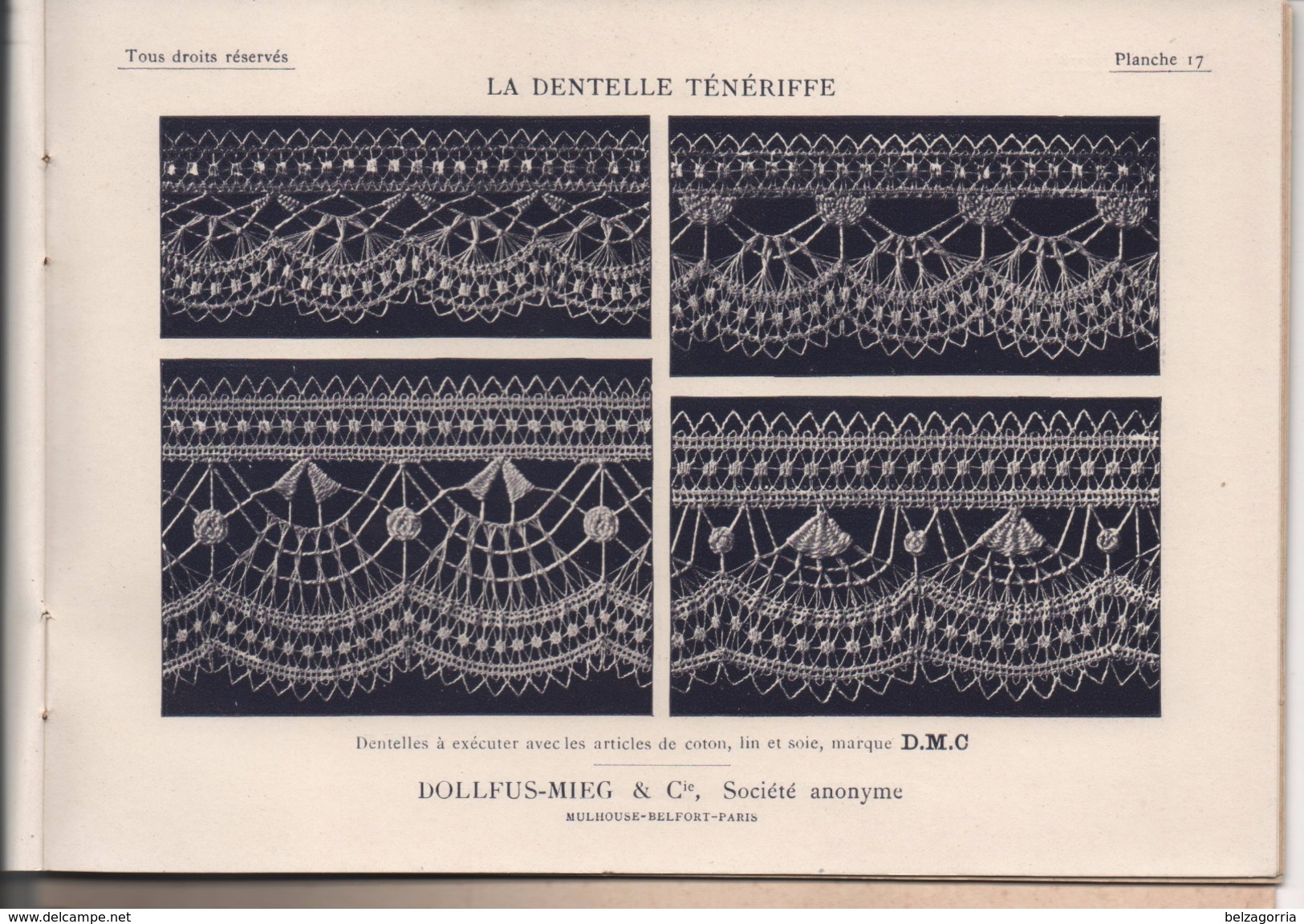 DENTELLE TENERIFFE  - BIBLIOTHEQUE D.M.C. - TH. DE DILLMONT - LA SOCIETE ANONYME  DOLLFUS - MIEG  &  Cie - VOIR SCANS