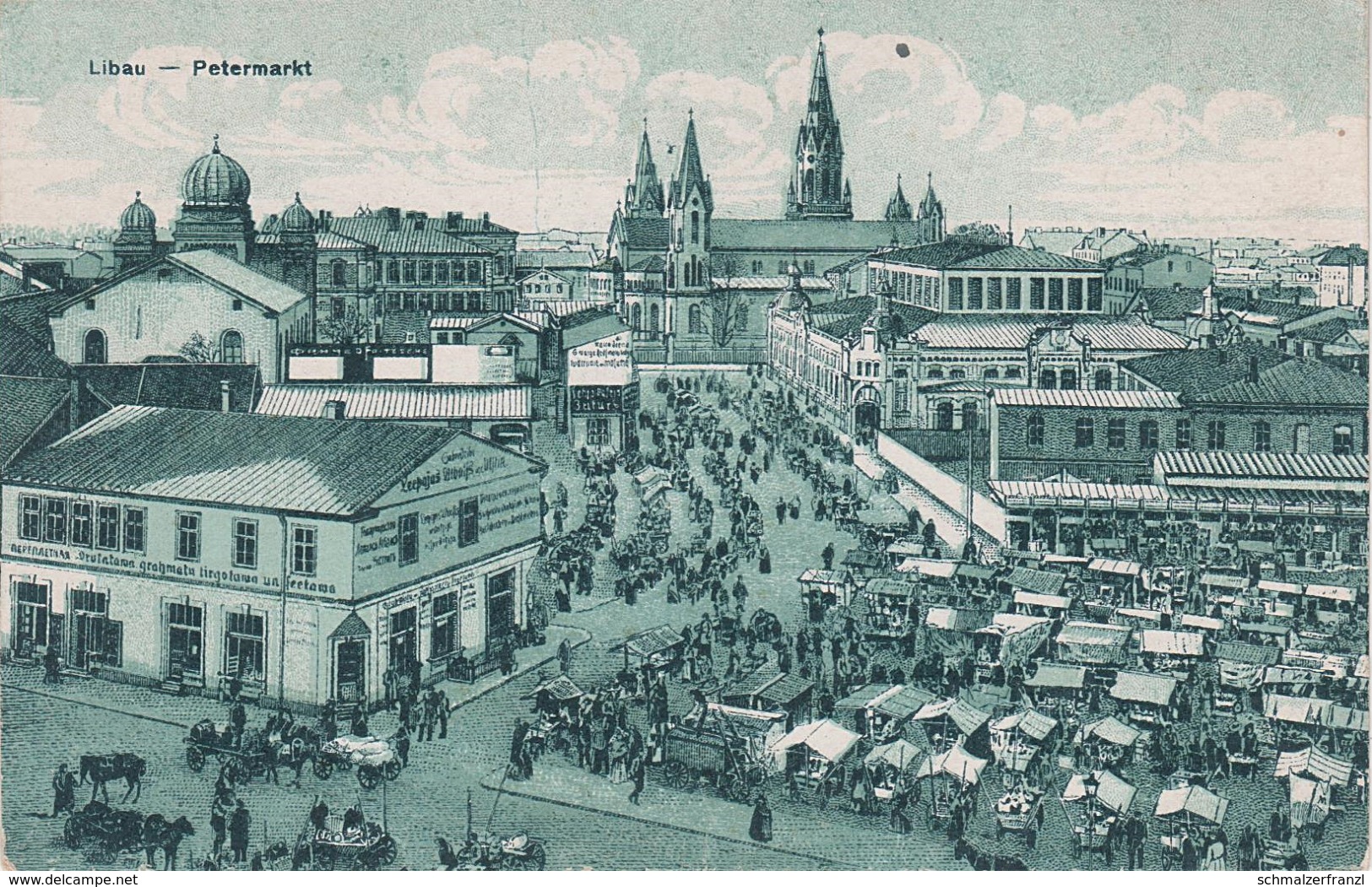 Litho Künstlerkarte AK Libau Liepaja Petermarkt Markt Marktplatz Kirche Gasthof ? Latvia Lettland Lettonie Latvija - Lettonie