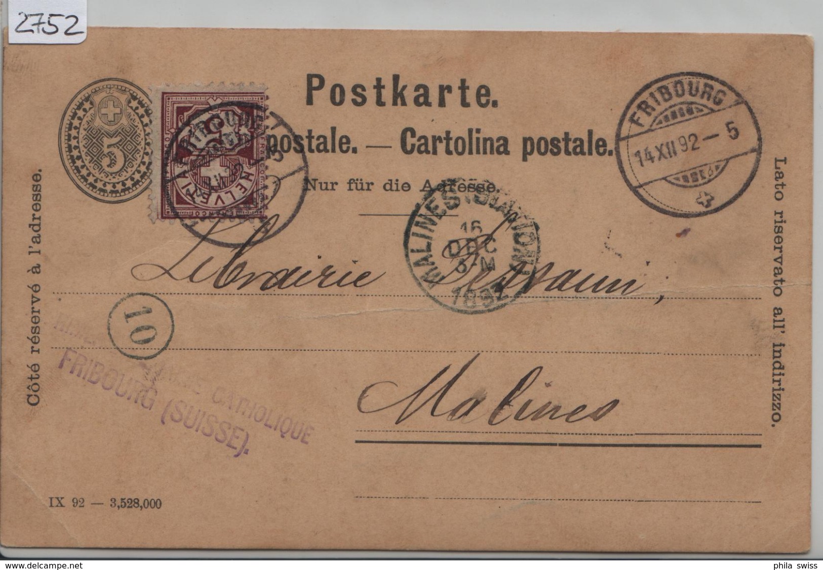 1892 Carte Postale Nr. 26 Mit 60A/52X Von Fribourg Nach Malines BE 14.XII.92 - Entiers Postaux