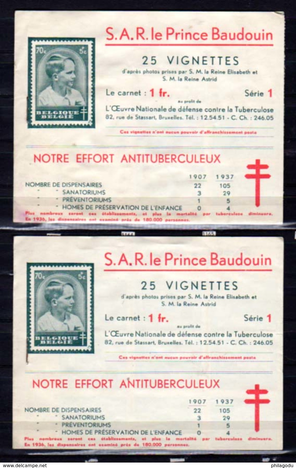 1937  Carnet Vignettes Antituberculeux « Prince Baudoin », (collé Par Eau), - Privées & Locales [PR & LO]