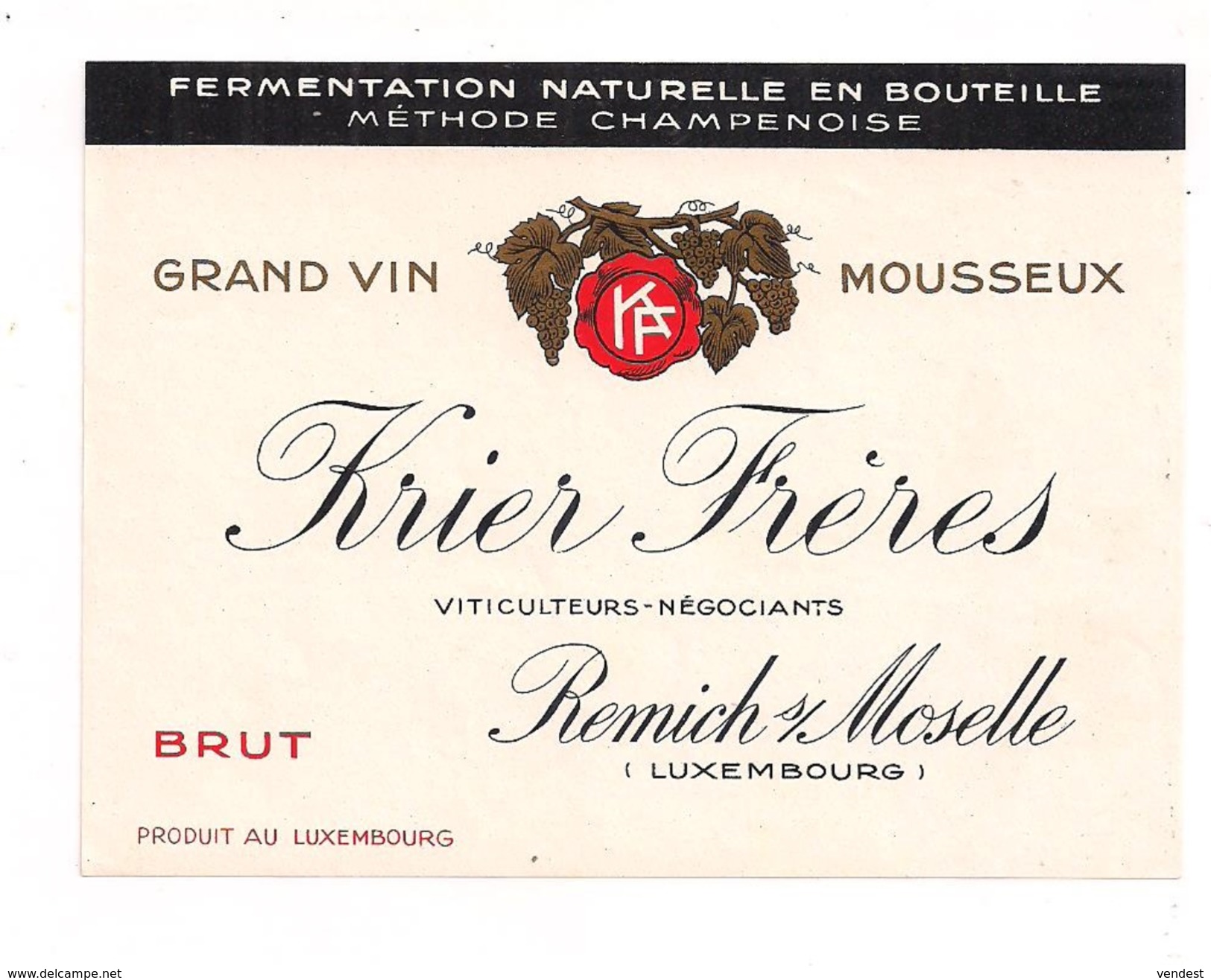 Etiquette Grand Vin Mousseux - Brut - Krier Frères, Remich S/ Moselle, Luxembourg - - Champagne