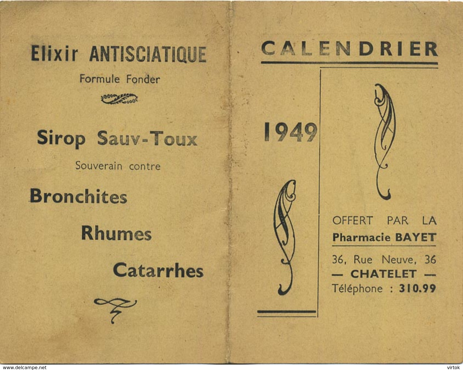 CHATELET :  Calendrier  1949   : Pharmacie BAYET - Grand Format : 1941-60