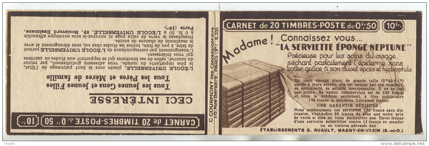 N°272  CARNET De 20 Timbres Pub Benjamin, Couverture Serviette éponge Neptune - Autres & Non Classés