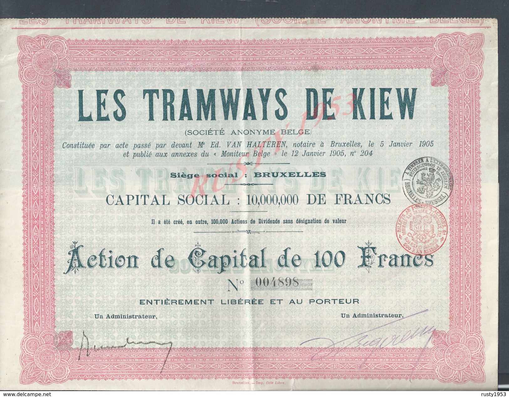 ANCIENNE ACTION LES TRAMWAYS DE KIEW SOCIÉTÉ BELGE BRUXELLES 1905 : - Transporte