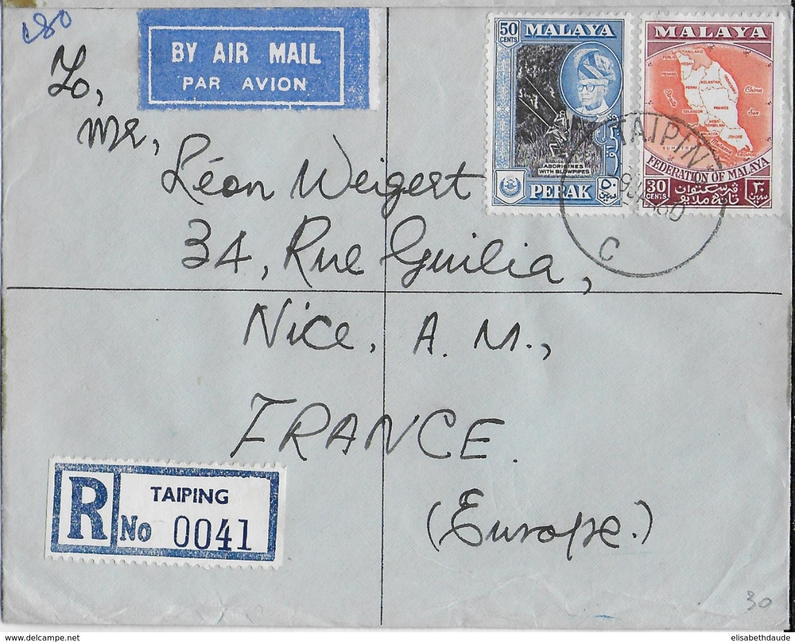 PERAK - 1960 - ENVELOPPE PAR AVION RECOMMANDEE De TAIPING => NICE - VOIR AFFRANCHISSEMENT AU DOS - Perak