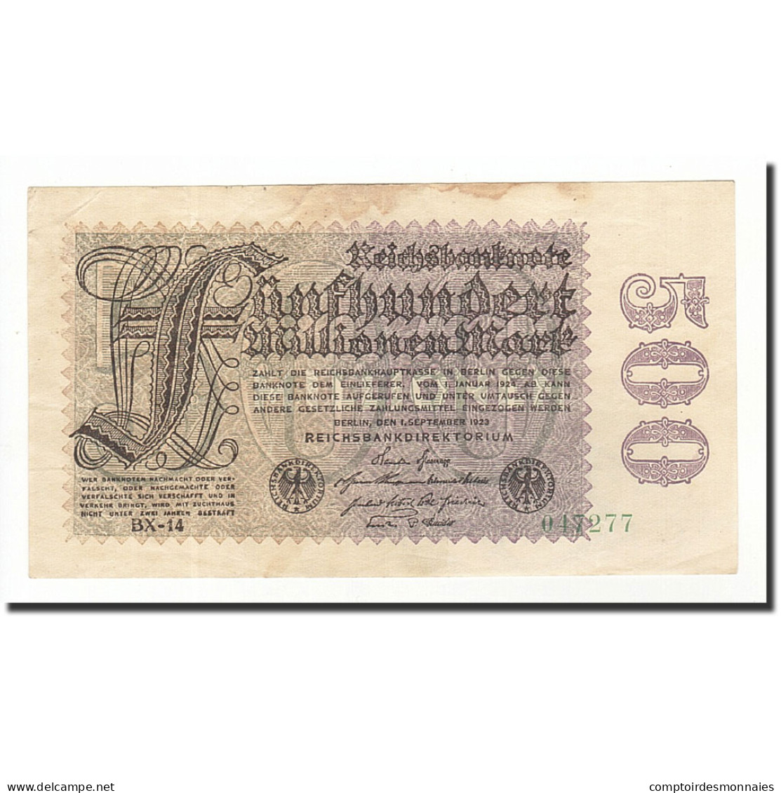 Billet, Allemagne, 500 Millionen Mark, 1923, 1923-09-01, KM:110h, TB+ - 500 Mark