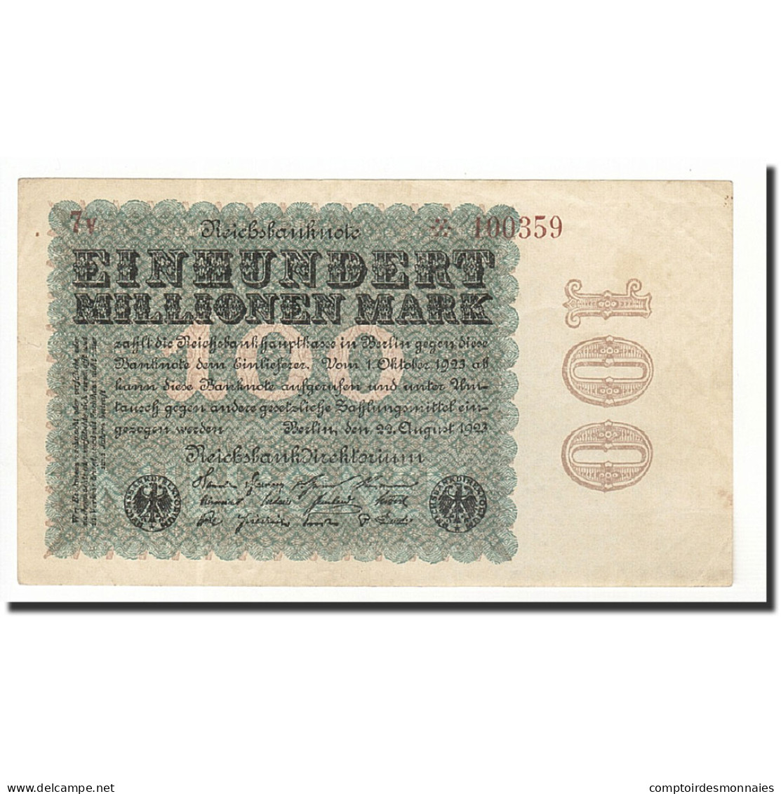 Billet, Allemagne, 100 Millionen Mark, 1923, 1923-08-22, KM:107b, TTB - 100 Mark