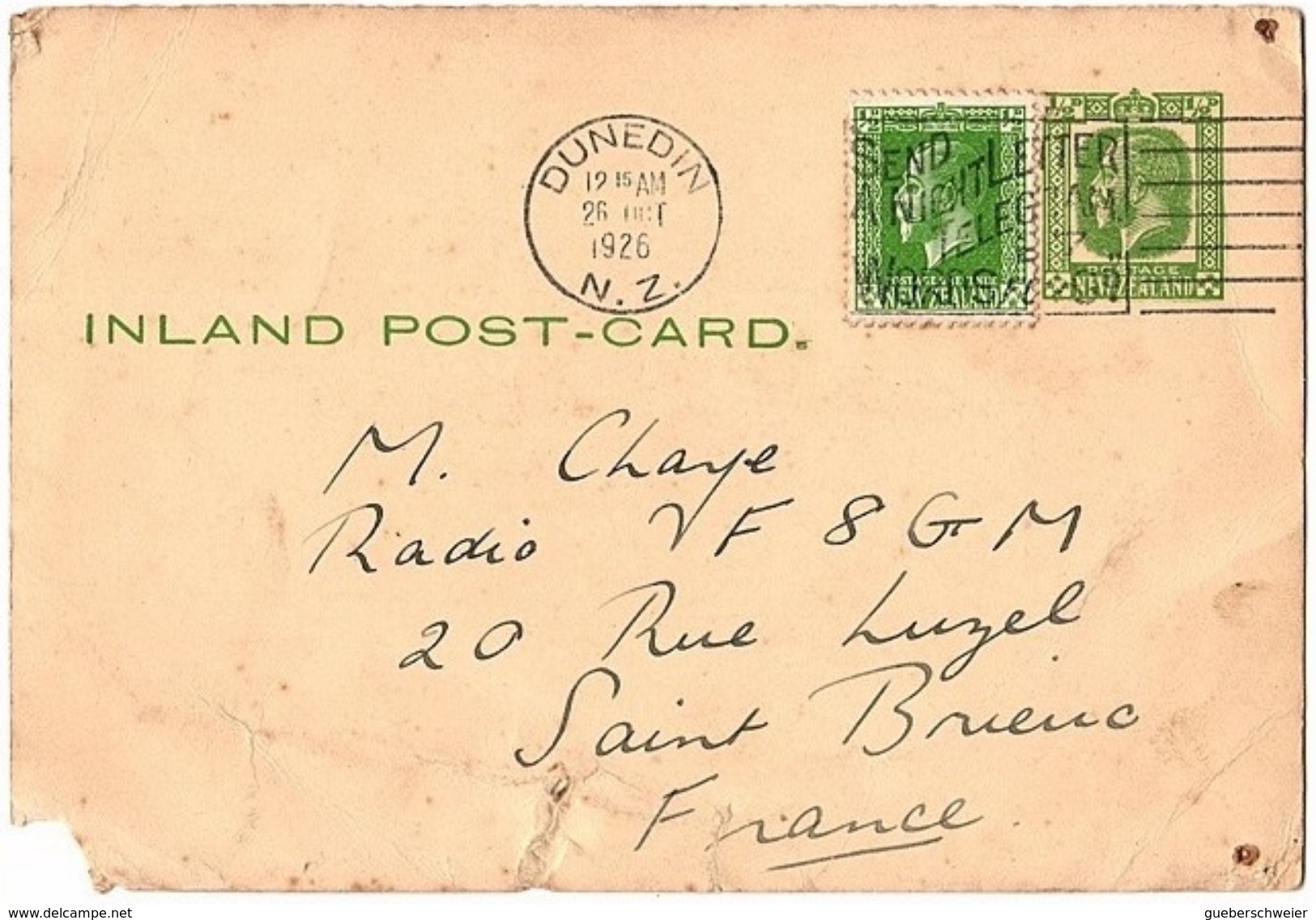 LGB 178 - NOUVELLE ZELANDE Entier Postal Carte De Dunedin Pour Saint-Brieuc 1926 - Postal Stationery