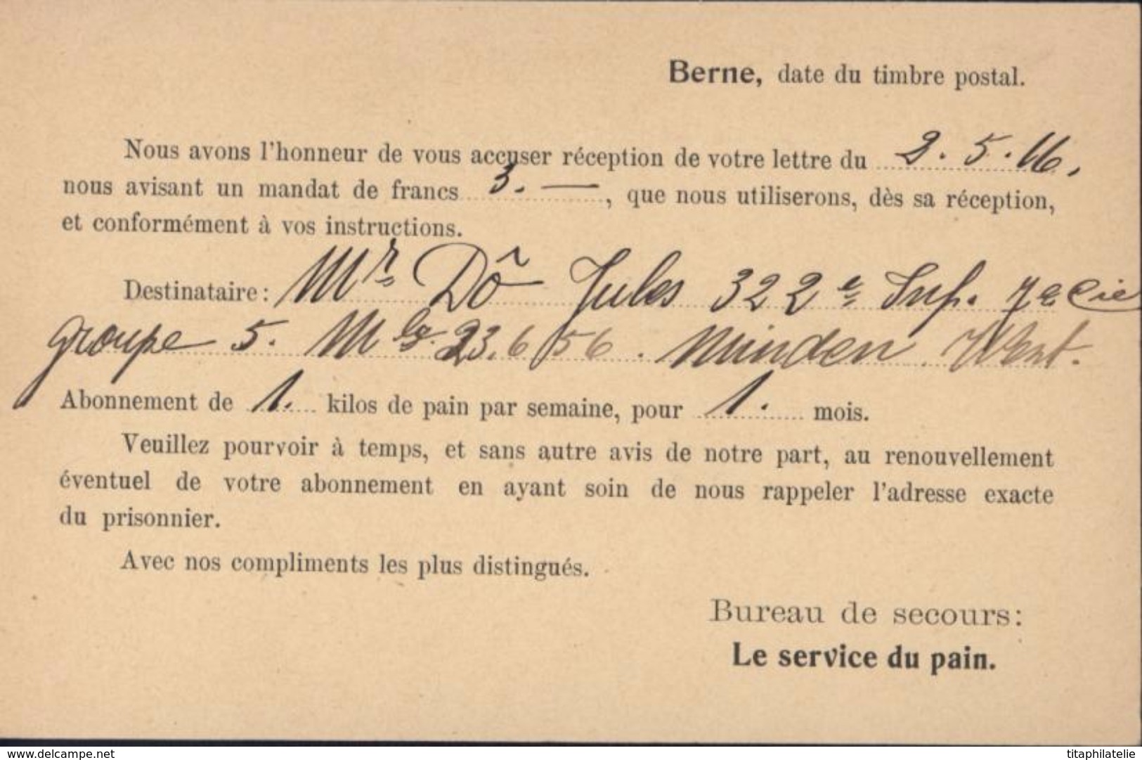 Guerre 14 Carte Du Bureau De Secours Aux Prisonniers De Guerre Berne Section Franco Belge Service Du Pain Franchise - Guerre De 1914-18