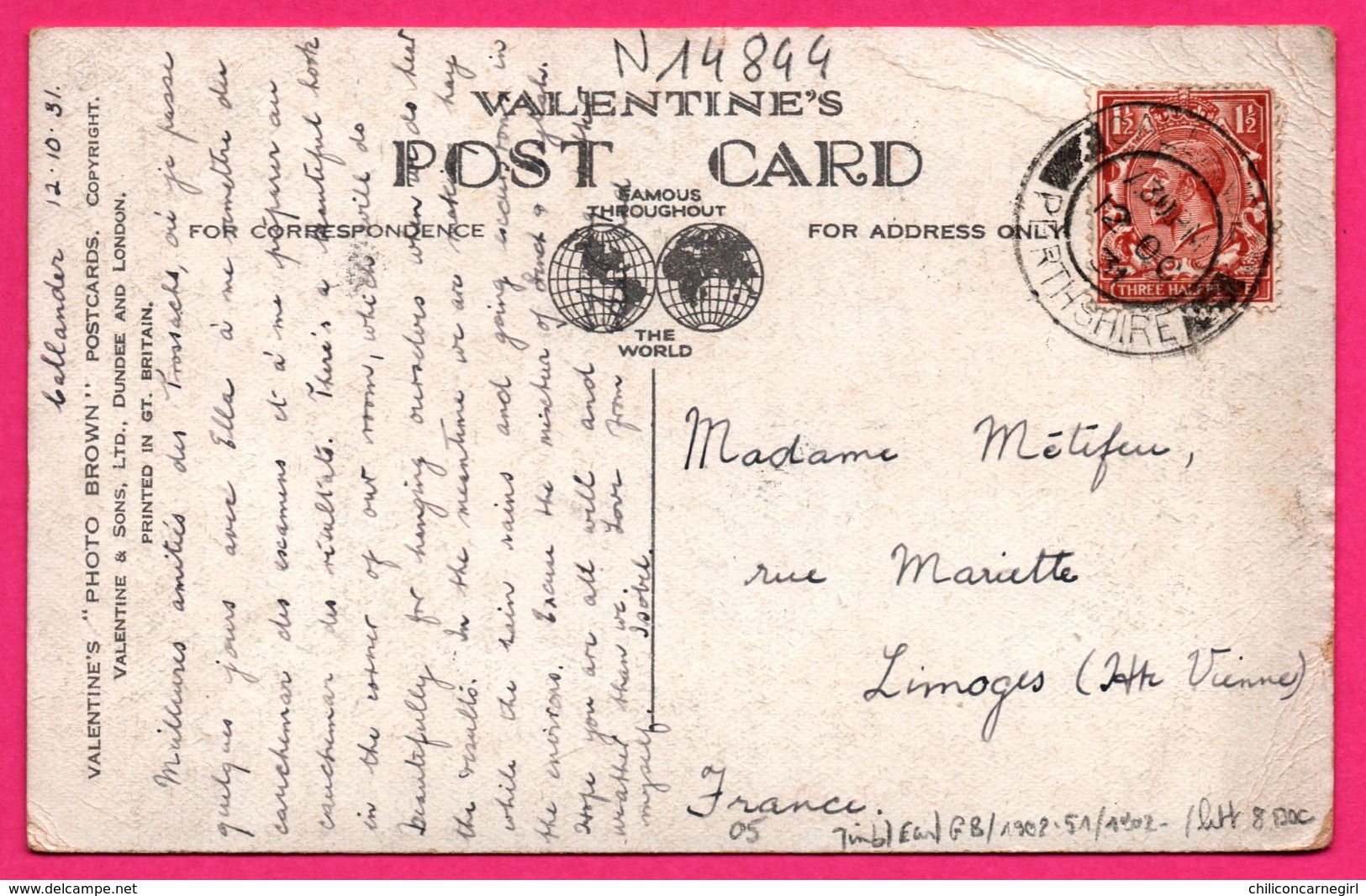 Timbre 1½ - Three ... - Marcophilie Perthshire 1931 - The Otter Island And Ben A'An Loch Katerine - 1931 - VALENTINE'S - Lettres & Documents