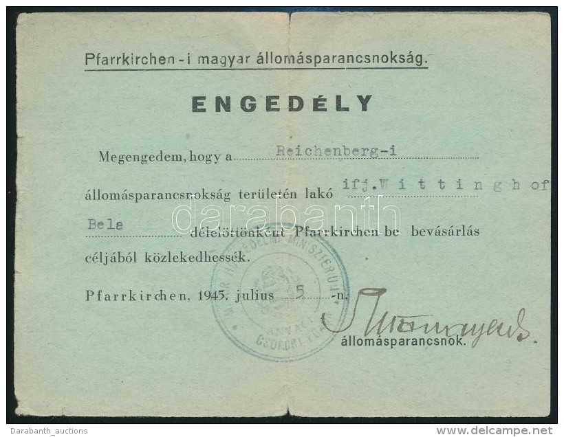 1945 Bev&aacute;s&aacute;rl&aacute;si Enged&eacute;ly, Pfarrkirchen-i Magyar... - Altri & Non Classificati