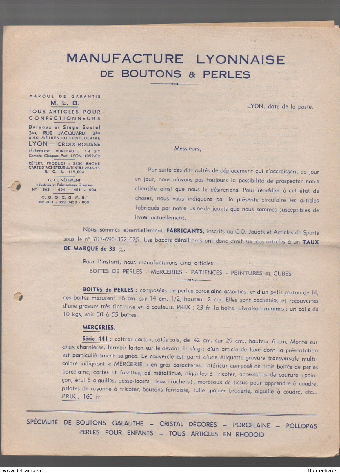 (Lyon) (69 Rhône) Catalogue MANUFACTURE LYONNAISE DE BOUTONS ET PERLES  (CAT 719) - Publicités