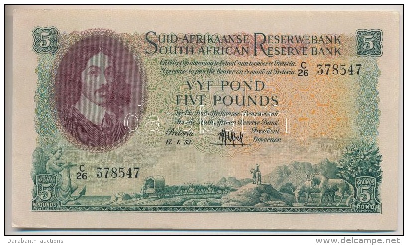 D&eacute;l-Afrika 1953. 5Å T:II-,III Kis Szakad&aacute;s
South Africa 1953. 5 Pounds C:VF,F Small Tear - Non Classificati