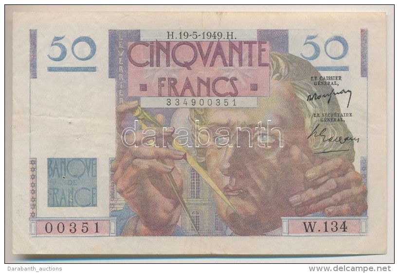 Franciaorsz&aacute;g 1949. 50Fr T:III TÅ±lyuk
France 1949. 50 Francs C:F Needle Hole
Krause 127.b - Non Classificati