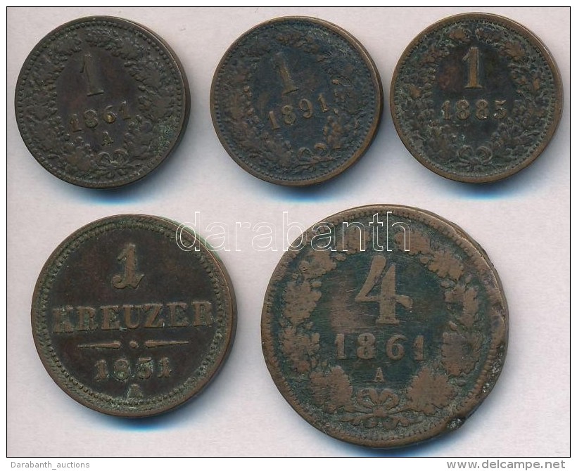 Ausztria 1851A 1kr Cu + 1861A 1kr Cu + 1861A 4kr Cu + 1885. 1kr Cu + 1891. 1kr Cu T:2-3 Ph., Patina
Austria 1851A 1... - Non Classificati