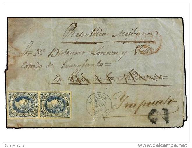 ESPA&Ntilde;A. Ed.68(2). 1864. LLANES A YRAPUATO (Mexico). 2 Reales Azul (2), Mat. Fechador... - Autres & Non Classés