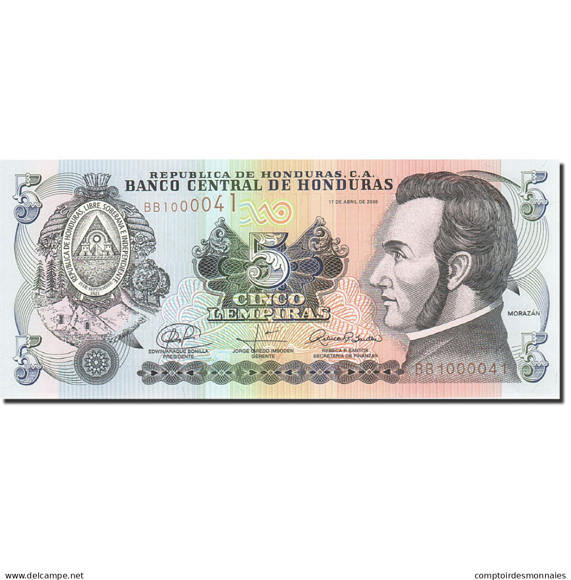 Billet, Honduras, 5 Lempiras, 2004-2006, 2008-04-17, KM:91b, NEUF - Honduras