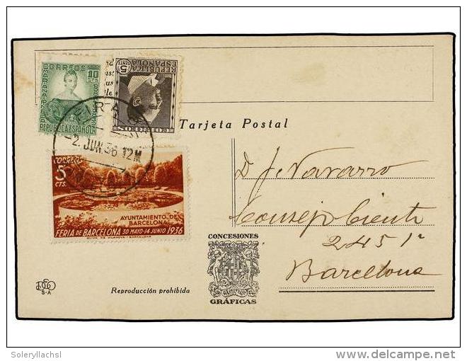 ESPA&Ntilde;A: AYUNTAMIENTO DE BARCELONA. Ed.15. 1936. BARCELONA Correo Interior. Tarjeta Con Sellos De 5 Y... - Autres & Non Classés