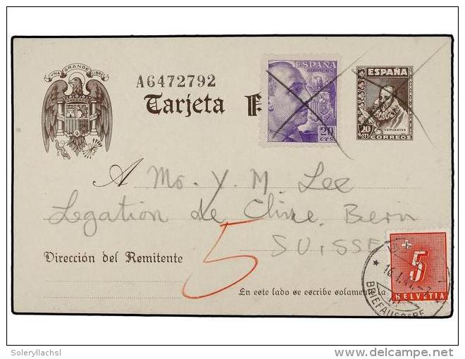 ESPA&Ntilde;A ENTEROS POSTALES. 1941. MADRID A SUIZA. Entero Postal De 20 Cts. Casta&ntilde;o Con Franqueo... - Autres & Non Classés