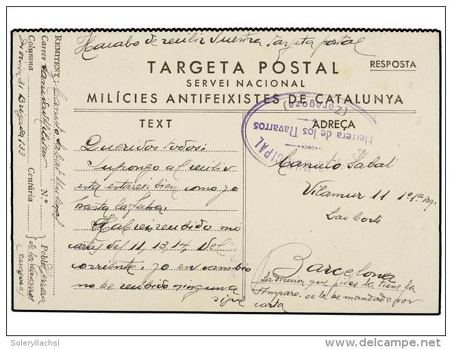 ESPA&Ntilde;A GUERRA CIVIL. 1937. HERRERA DE LOS NAVARROS (Zaragoza) A BARCELONA. Tarjeta Postal Milicies... - Autres & Non Classés