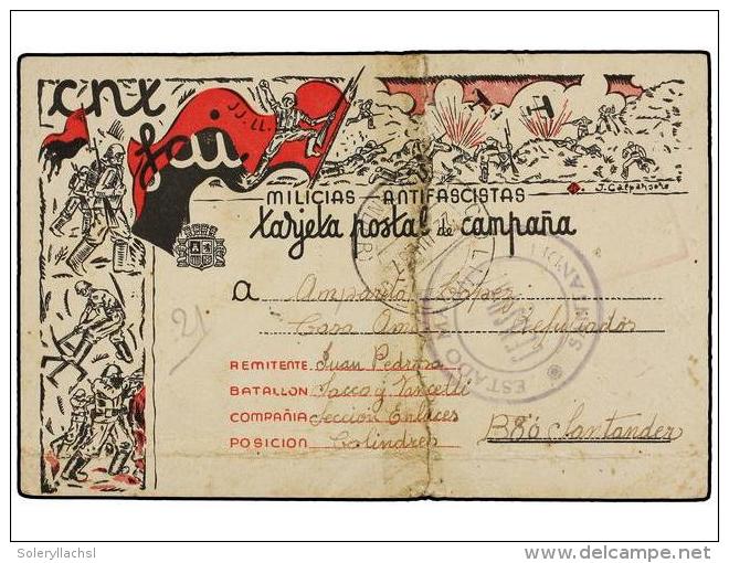 ESPA&Ntilde;A GUERRA CIVIL. 1937. Tarjeta Postal De Las Milicias Antifascistas C.N.T./F.A.I. (partida Por La Mitad... - Autres & Non Classés