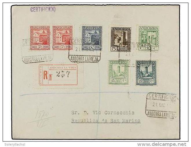 ANDORRA. Ed.29, 31, 32, 33, 38 (2), 40. 1946. ANDORRA A SAN MARINO. Carta Certificada, Precioso Franqueo.... - Autres & Non Classés