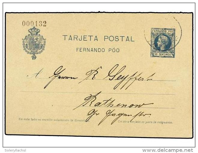 COLONIAS ESPA&Ntilde;OLAS: FERNANDO POO. Entero Postal Doble 10 + 10 Cts. Azul En Usado De Favor A La Ida... - Autres & Non Classés