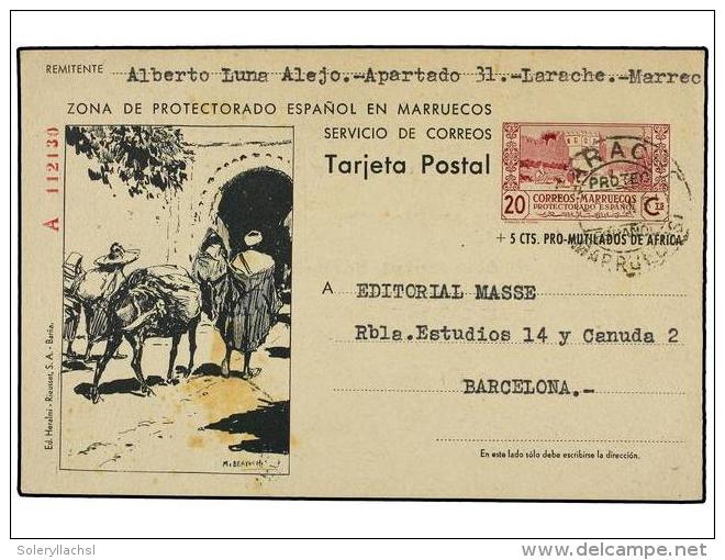 MARRUECOS. Entero Postal De 20 + 5 Cts. Lila Y Verde Circulado De LARACHE A BARCELONA. Mancha Del Tiempo... - Autres & Non Classés