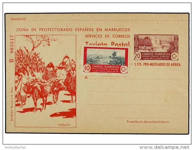 MARRUECOS. Entero Postal De 20 + 5 Cts. Lila Y Rojo Con Sello De 10 Cts. Adherido Para Completar El... - Other & Unclassified