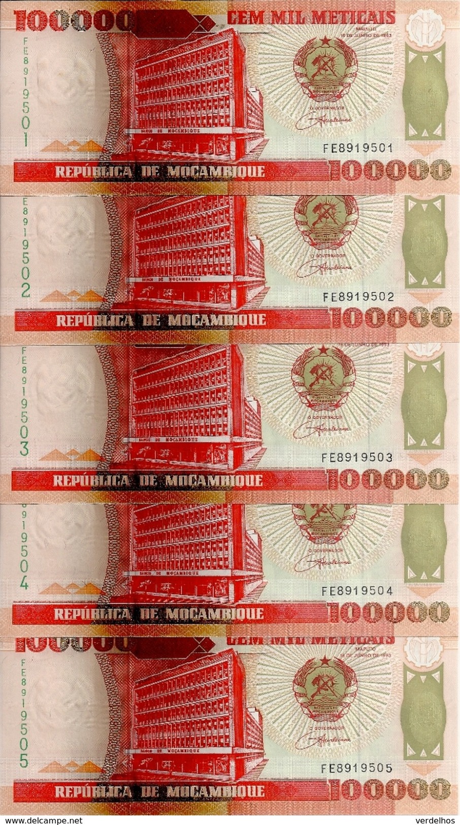 MOZAMBIQUE 100000 METICAIS 1993 UNC P 139 ( 5 Billets ) - Mozambique