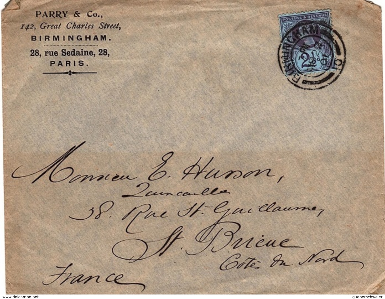 LGB 185 - GRANDE-BRETAGNE Lettre De Birmingham Pour St-Brieuc 1901 - Briefe U. Dokumente