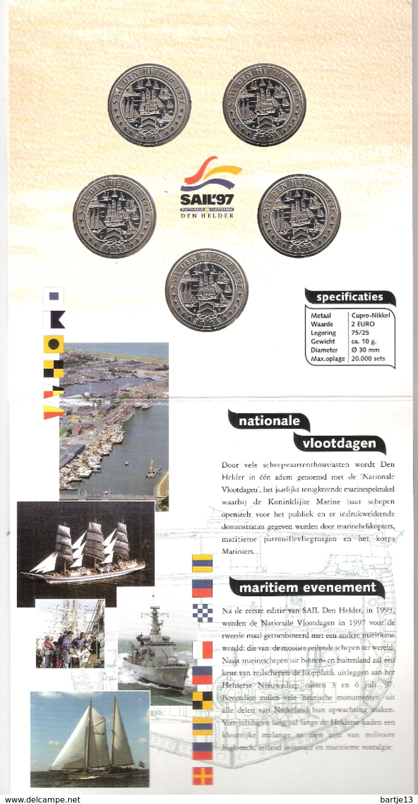 NEDERLAND SET 5 PCS &euro; 2,-- SAIL DEN HELDER 1997 MOTIV SHIPS BIRDS IN BLISTER WITH CERTIFICATE - Autres & Non Classés