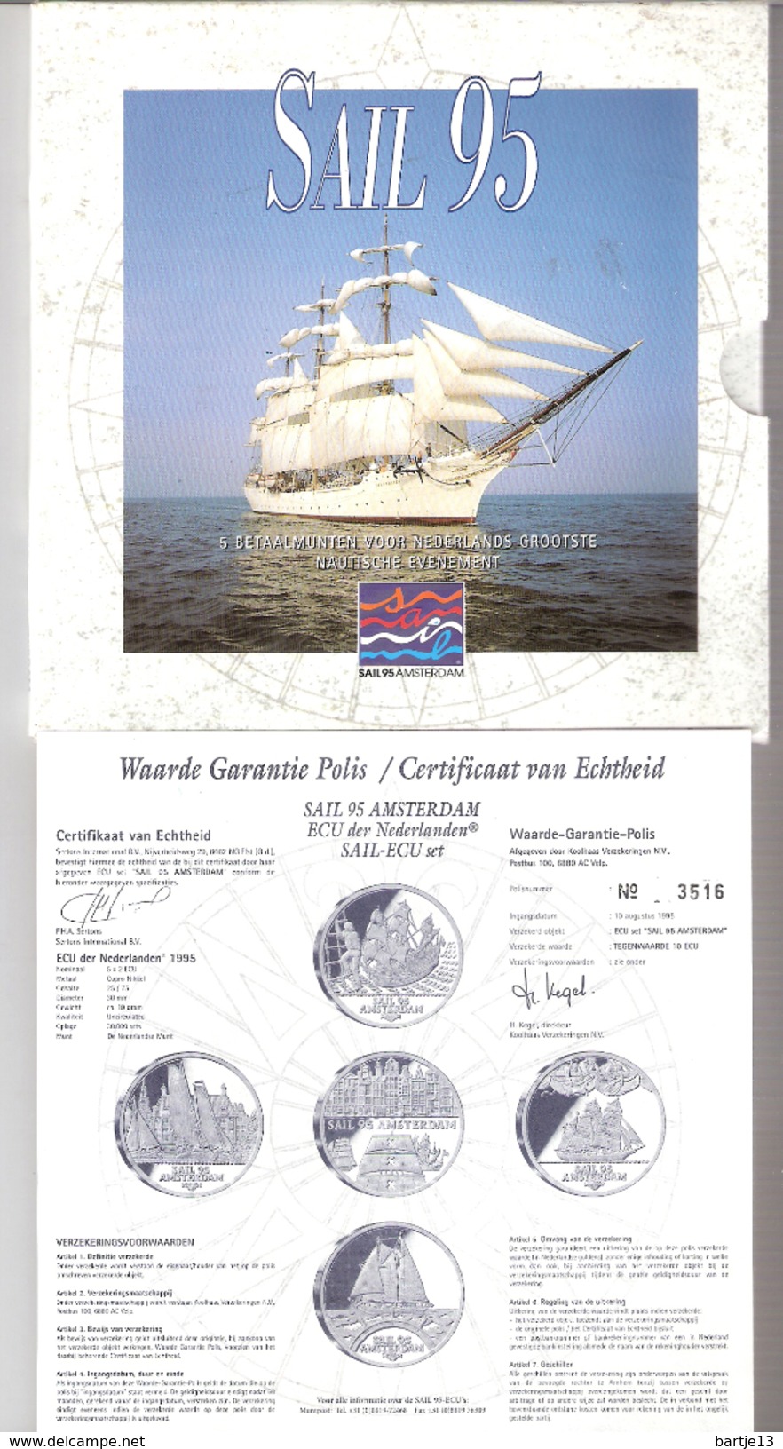 NEDERLAND SET 5 PCS  ECU  2,-- SAIL AMSTERDAM 1995  MOTIV SHIPS IN BLISTER WITH CERTIFICATE - Autres & Non Classés