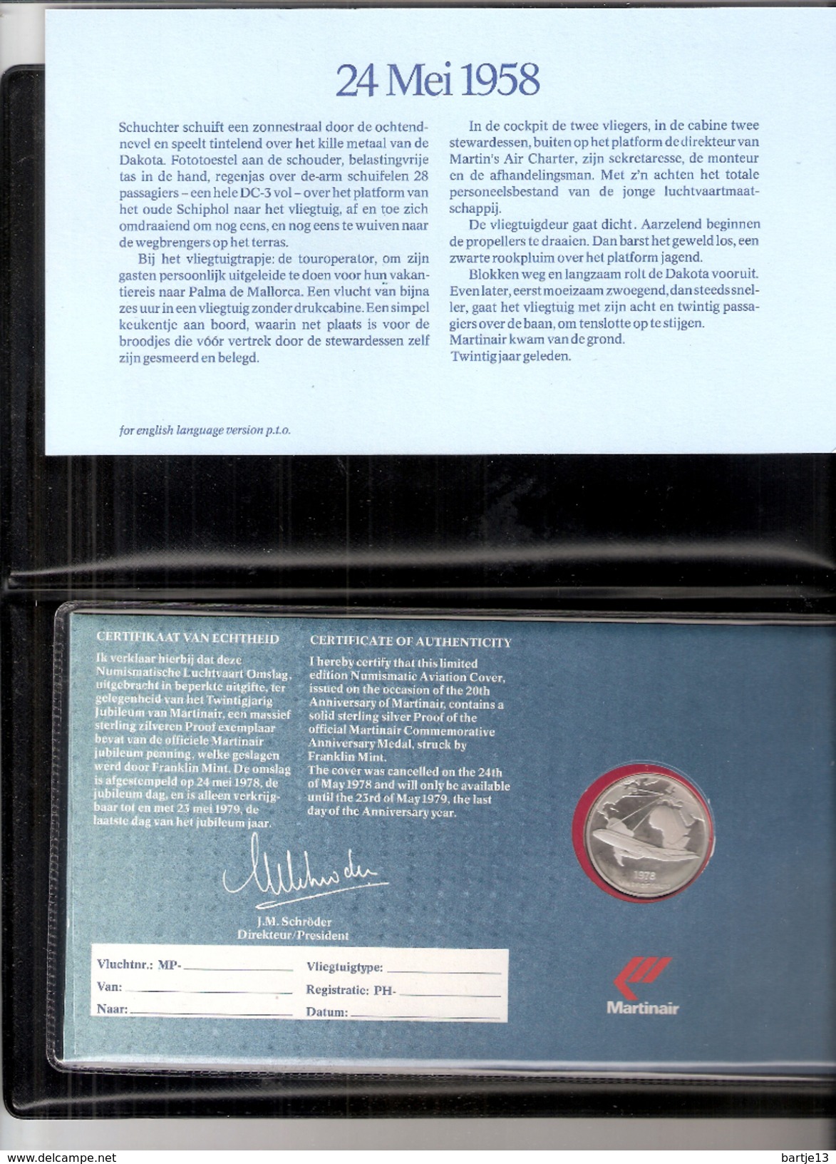 NEDERLAND SILVER MEDAL 20 JR. MARTINAIR 1958/1978 IN SPECIAL COVER IN MAP - Firma's