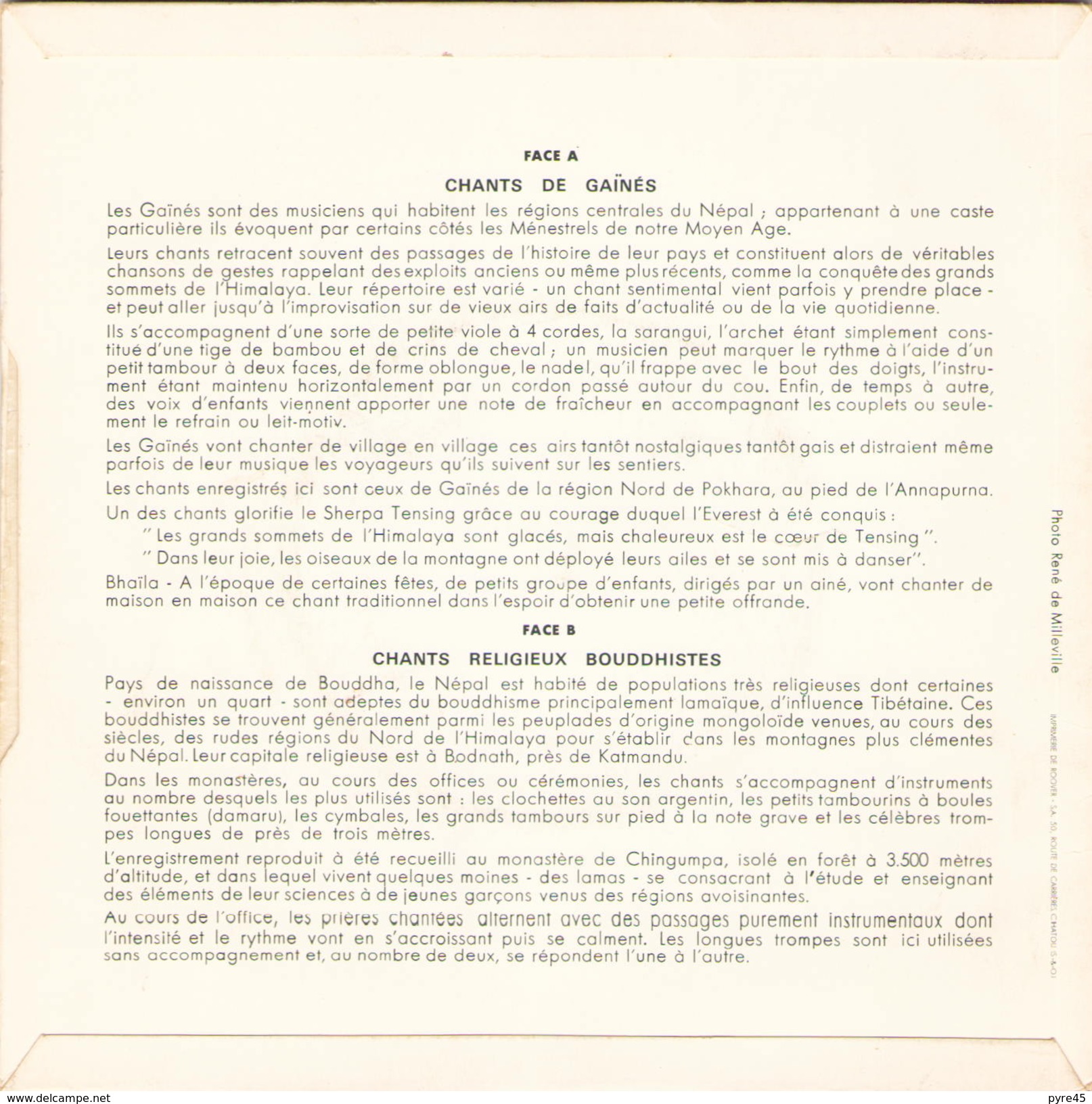 45 TOURS CHANTS AU PIED DE L ANNAPURNA CHANTS DE GAINES / CHANTS RELIGIEUX BOUDDHISTES - Música Del Mundo