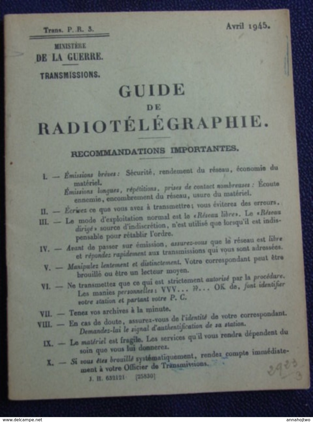 * GUIDE  De RADIOTÉLÉGRAPHIE *Minist. De La Guerre / Transmissions-1945. - Autres & Non Classés