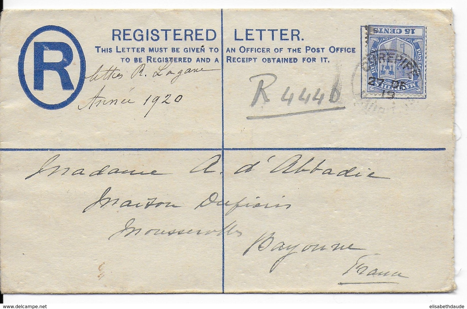 MAURITIUS - 1919 - ENVELOPPE ENTIER POSTAL RECOMMANDEE De CUREPIPE  => BAYONNE - Mauritius (...-1967)