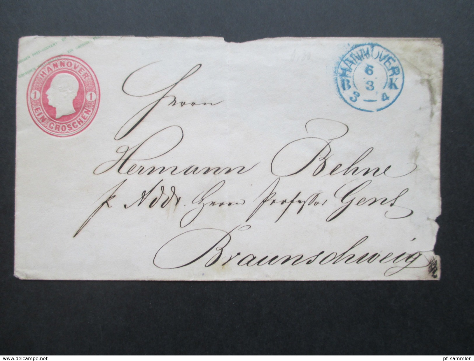 Altdeutschland HannoverGA Umschlag U5 II Ca. Ausgabe 1859 Blauer Stempel. Nach Braunschweig! - Hanovre