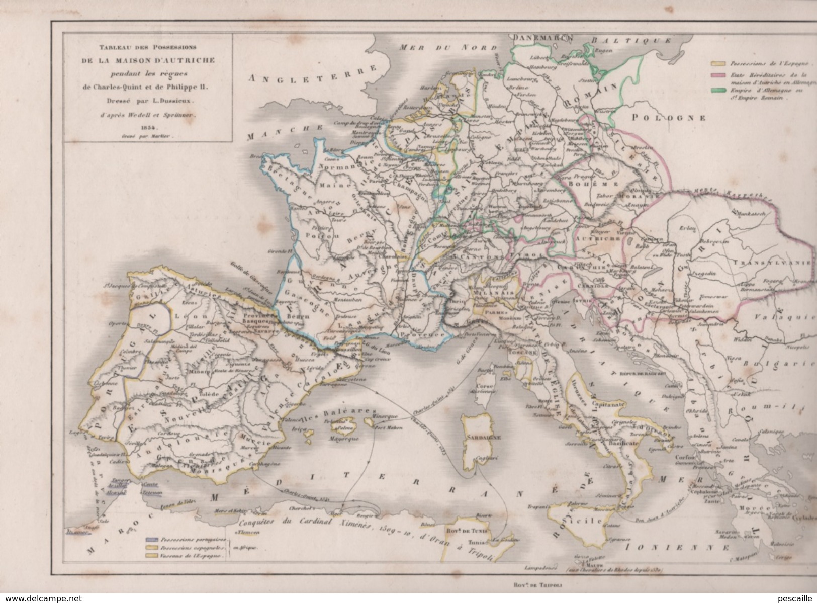 TABLEAU DES POSSESSIONS DE LA MAISON D'AUTRICHE PENDANT LES REGNES DE CHARLES QUINT ET PHILIPPE II / MAPPEMONDE COLONIES - Geographische Kaarten