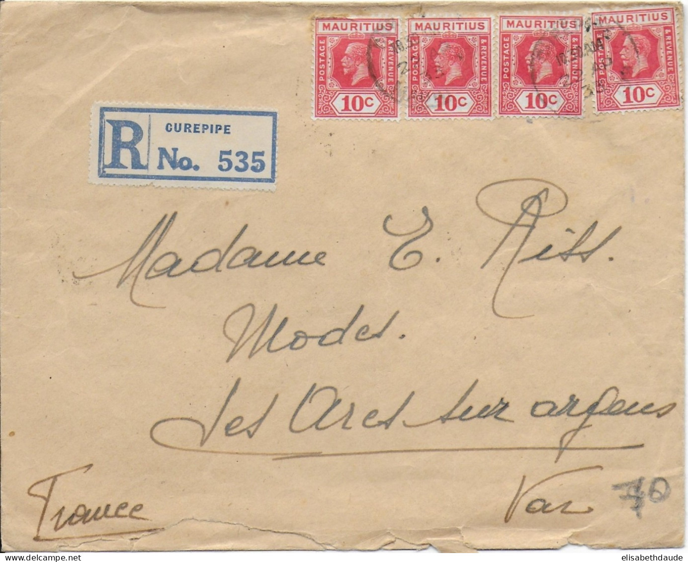 MAURITIUS - 1933 - LETTRE RECOMMANDEE De CUREPIPE  => LES ARCS SUR ARGENS - Mauritius (...-1967)