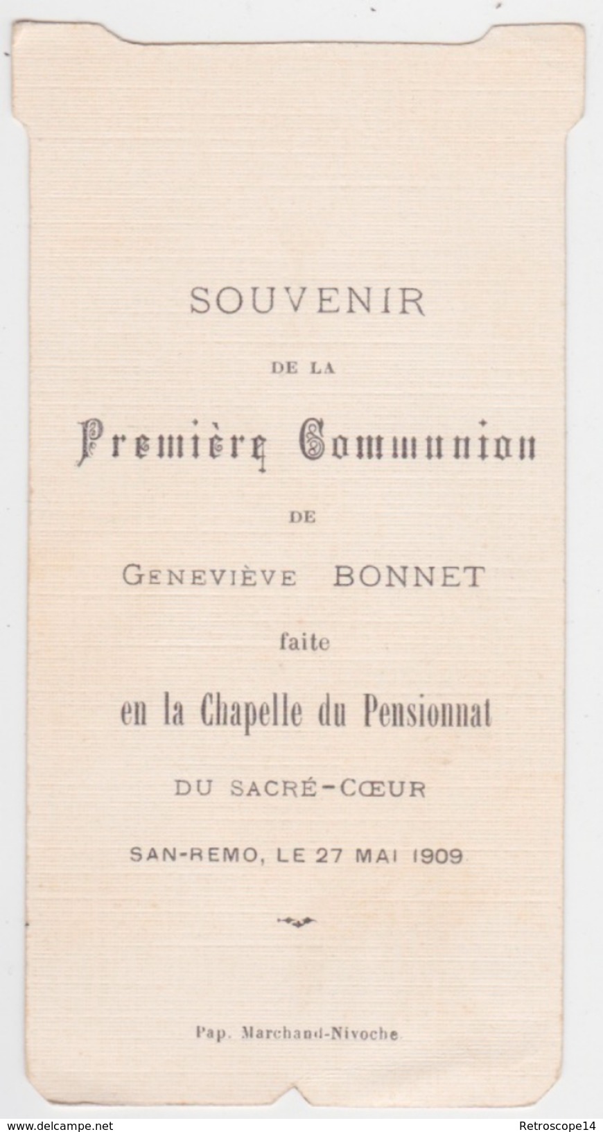 Geneviève Bonnet, Première Communion, 1909, SAN REMO (Italie). Art Nouveau. - Communion