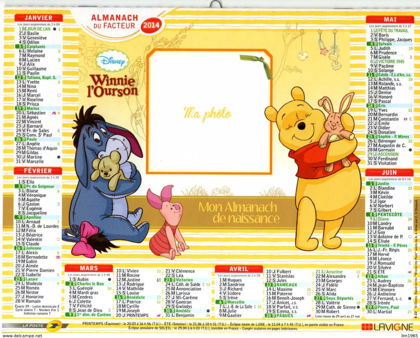 Calendrier Almanach De Naissance 2014 La Poste PTT Winnie L'ourson Tigrou Coco - Tamaño Grande : 2001-...